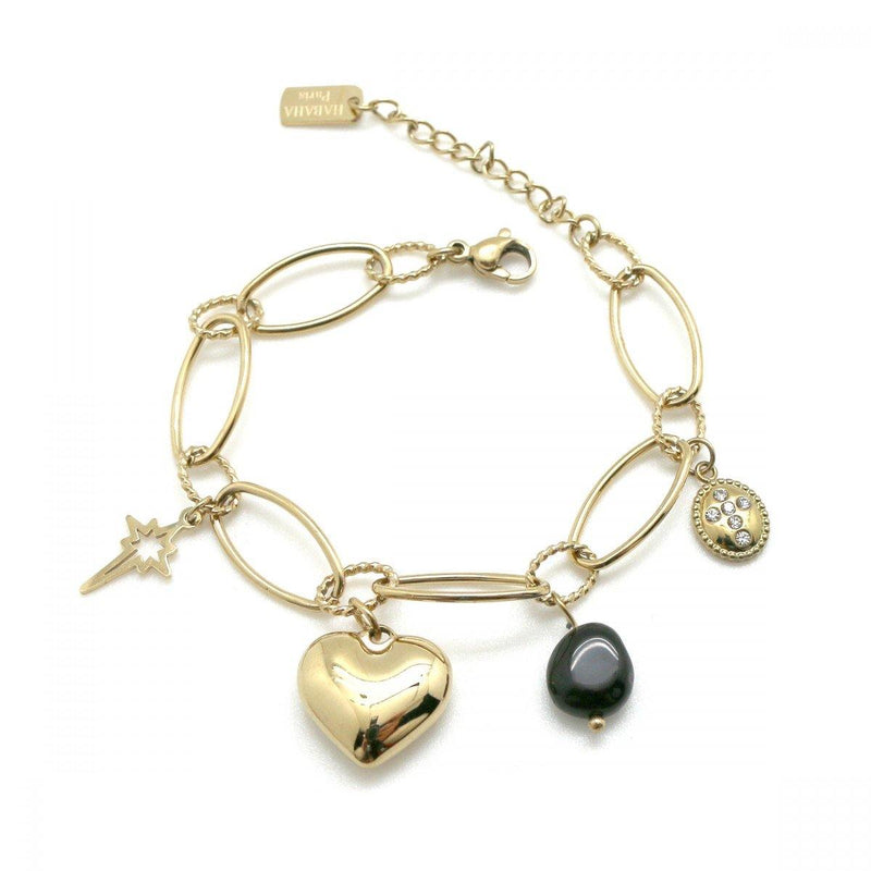 Habana Paris Chain Bracelet With Natural Onyx / Stainless Steel / Heart Charm / Costume Jewelry - JOYasForYou
