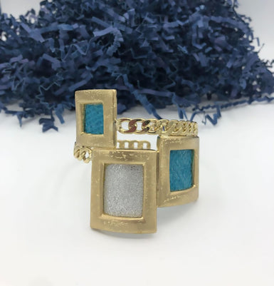 Kalliope Chain Cuff Bracelet For Women / Brass, Leather / Silver, Blue / Harlem