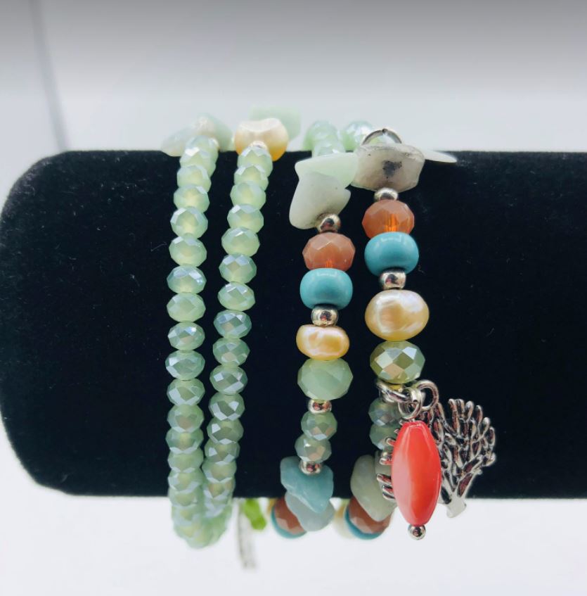 Moon C Charm Bracelet and Necklace, 2 In 1 / Freshwater Pearls, Gemstones, Glass Beads / Light Blue, Light Green, Orange, White