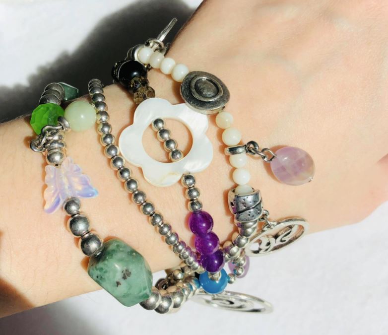 Moon C Charm Bracelet For Women / Natural Stones, Pearl, Metal, Glass / Grey, Green, Metallic, Purple / Gift Idea / Boho Bracelet