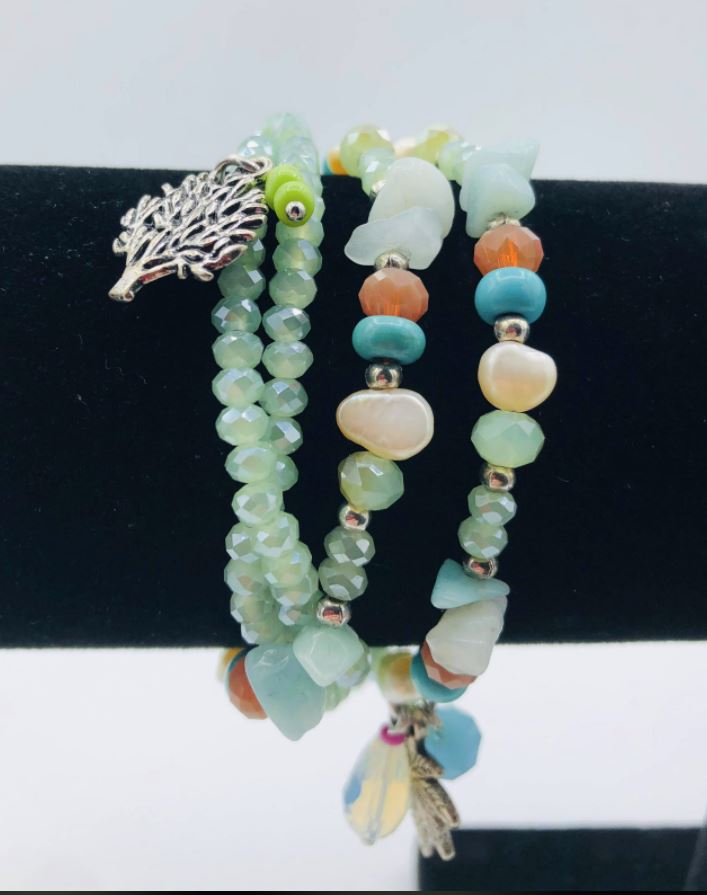 Moon C Charm Bracelet and Necklace, 2 In 1 / Freshwater Pearls, Gemstones, Glass Beads / Light Blue, Light Green, Orange, White