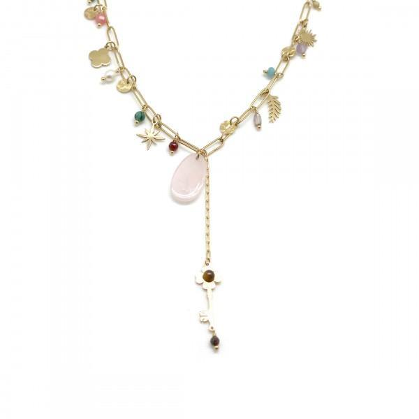 Habana Paris Chain Short Necklace / Stainless Steel, Pearl, Natural Stones / Tie Necklace / Flower Pendant - JOYasForYou