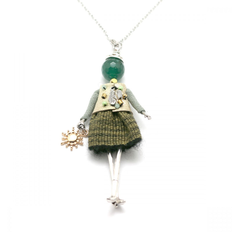 Moon C Small Doll Pendant on a Long Chain, Agate, Fabric, Metal / Green / 3 Inches / Gift Idea