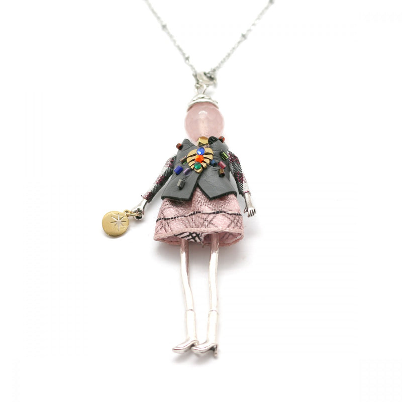 Moon C Small Doll Pendant on a Long Chain, Agate, Fabric, Metal /Pink, Grey / 3 Inches / Gift For Her
