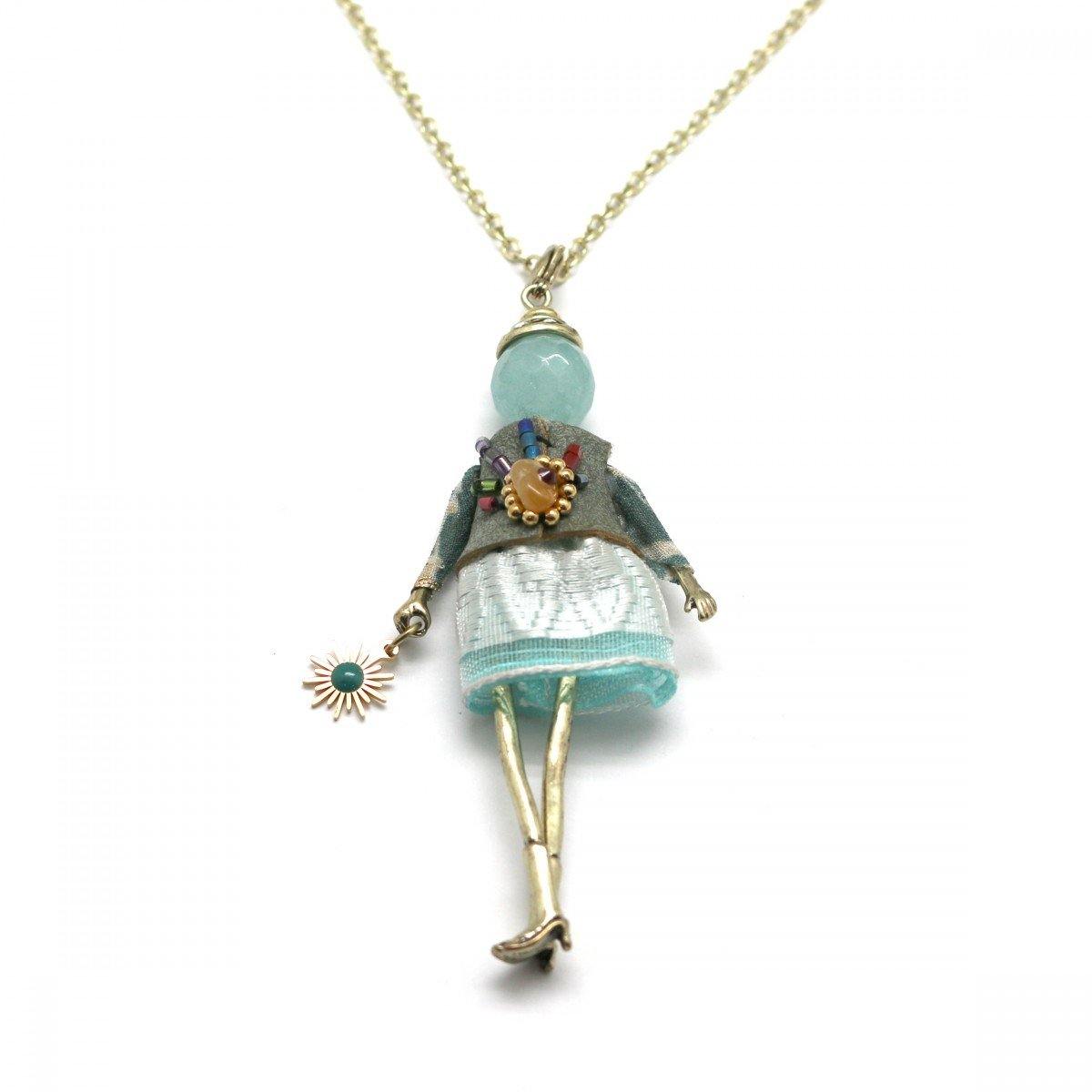 Moon C Small Doll Pendant on a Long Chain, Natural Stone, Fabric, Metal / Light Blue / 3 Inches / Gift Idea - JOYasForYou