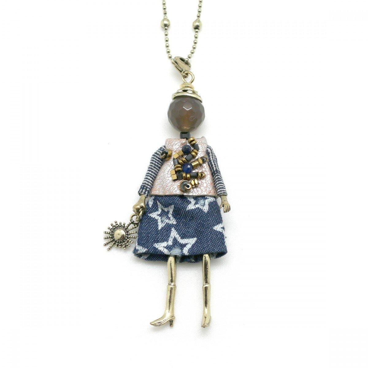 Moon C Small Doll Pendant on a Long Chain, Natural Stone, Fabric, Metal / Blue / 3 Inches / Gift Idea - JOYasForYou