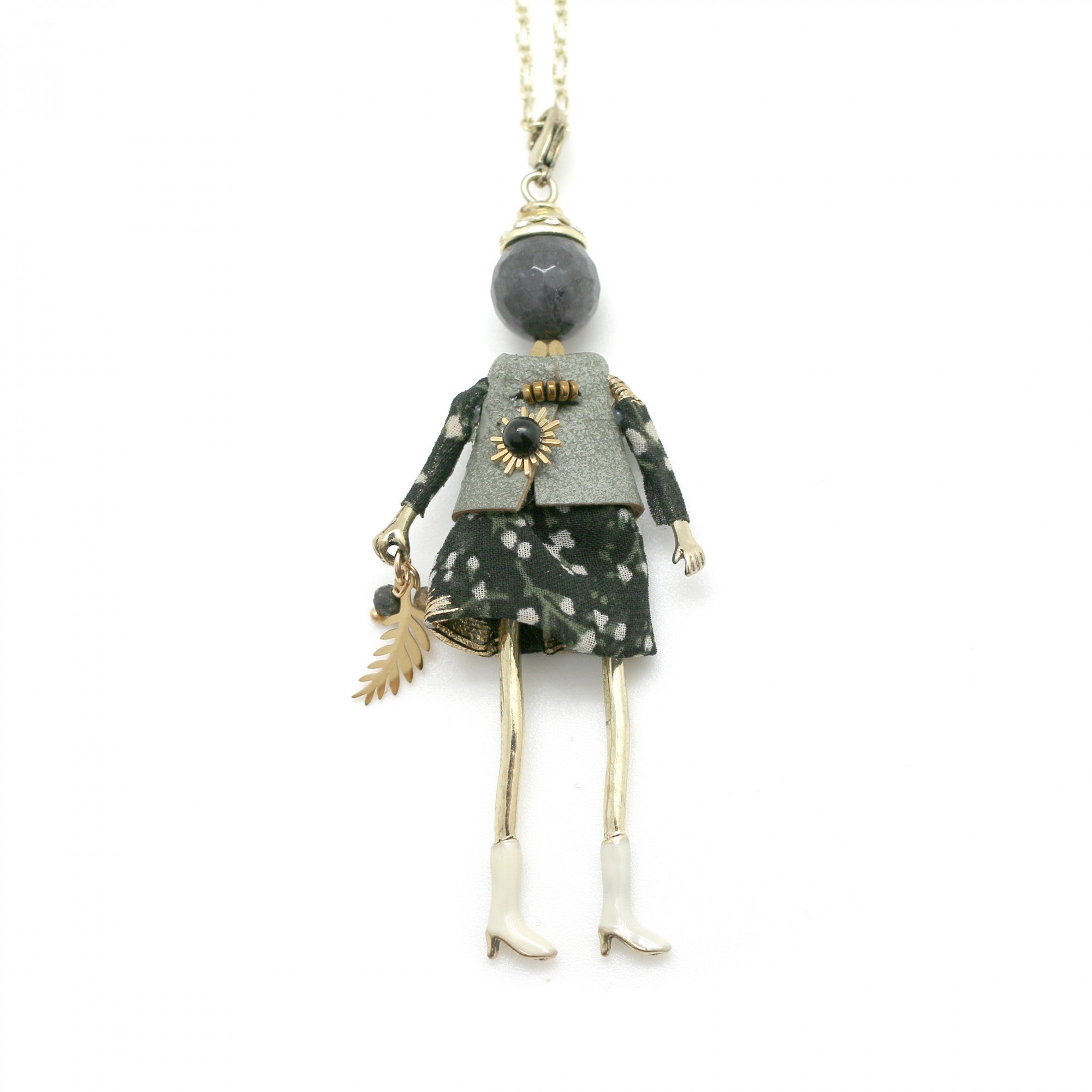 Moon C Small Doll Pendant on a Long Chain, Agate, Fabric, Metal / Grey, Black / 3 Inches / Gift Idea