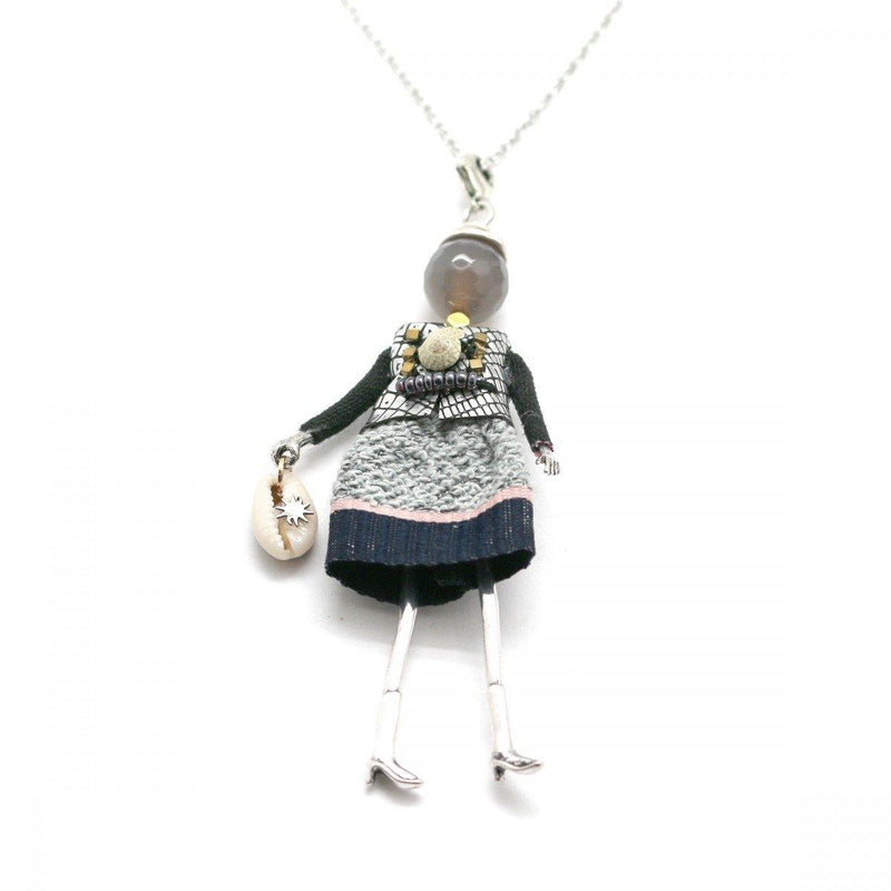 Moon C Small Doll Pendant on a Long Chain, Natural Stone, Fabric, Metal / Grey, Black, Blue / 3 Inches / Gift Idea - JOYasForYou