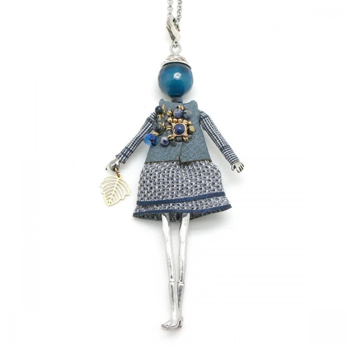 Moon C Doll Pendant on a Long Chain, Natural Stone, Fabric, Metal / Blue / 4 Inches / Gift Idea - JOYasForYou