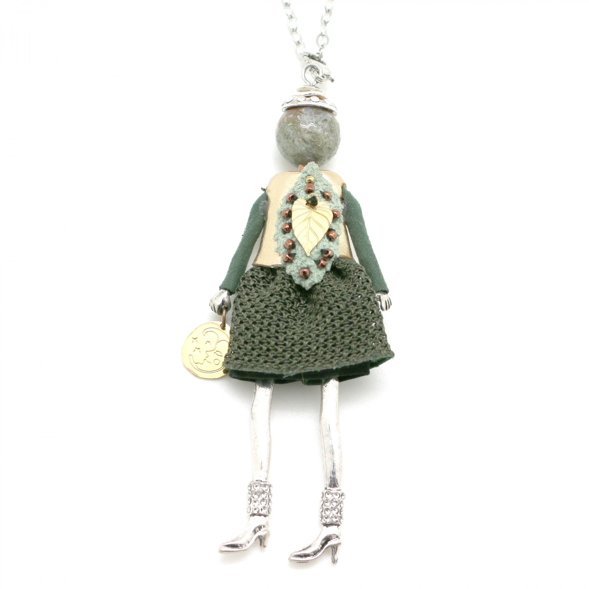 Moon C Doll Pendant on a Long Chain, Agate, Fabric, Metal / Green / 4 Inches / Gift Idea