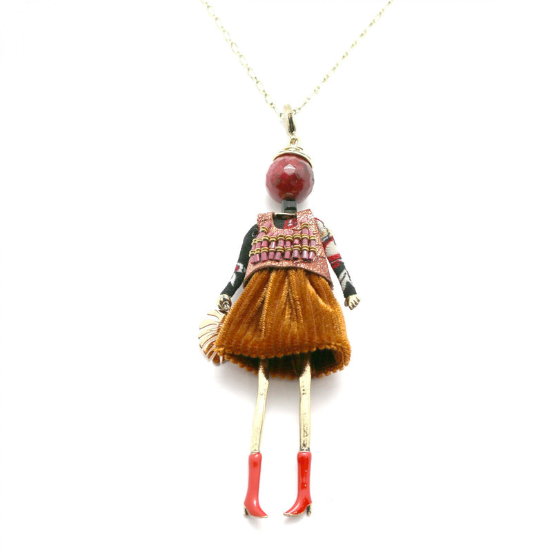 Moon C Doll Pendant on a Long Chain, Agate, Fabric, Metal / Burgundy, Brown / 4 Inches / Gift Idea
