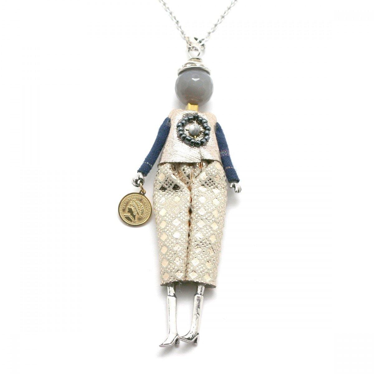 Moon C Doll Pendant on a Long Chain, Natural Stone, Fabric, Metal / Gold / 4 Inches / Gift Idea - JOYasForYou
