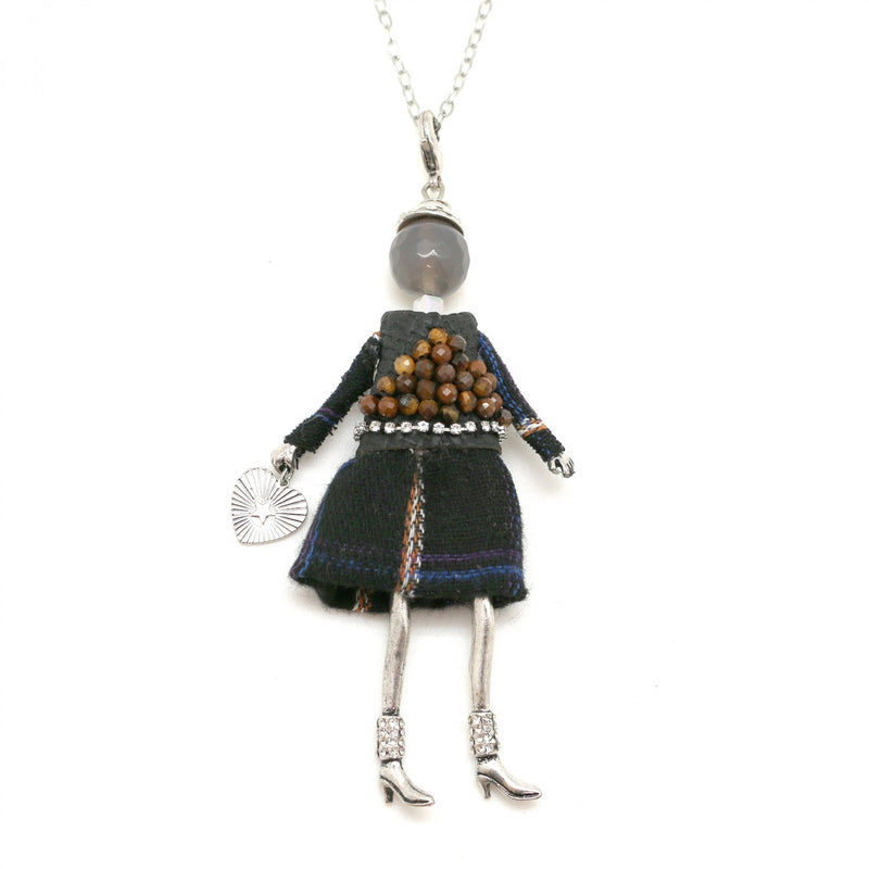 Moon C Doll Pendant on a Long Chain, Agate, Fabric, Metal / Black / 4 Inches / Fashion