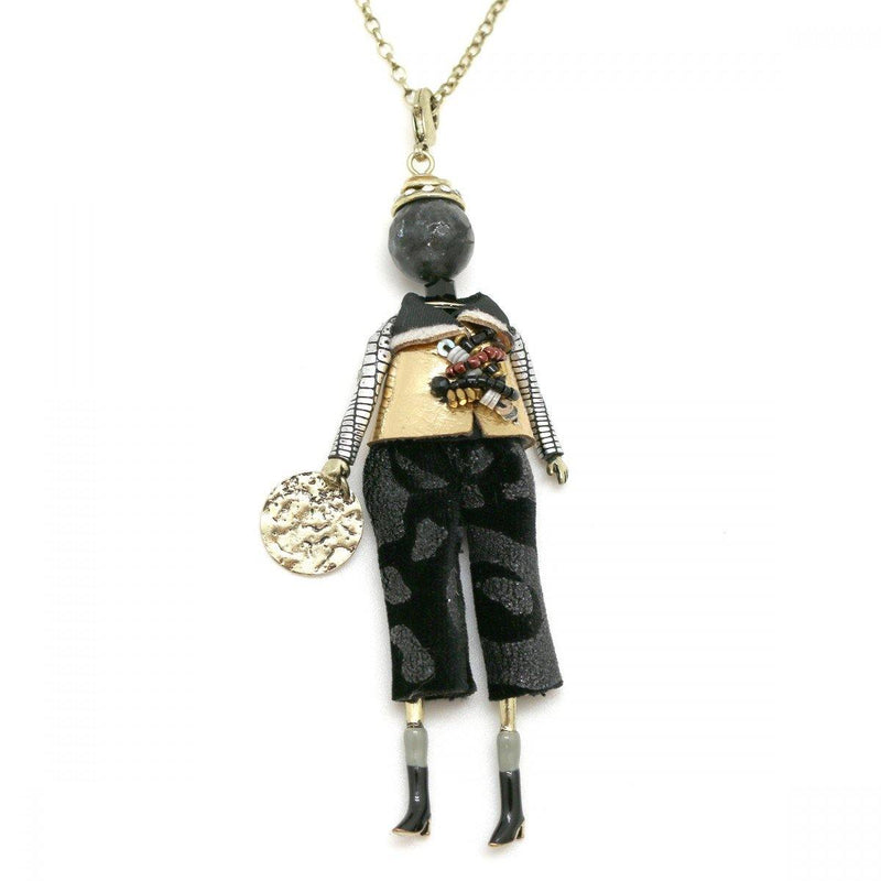 Moon C Doll Pendant on a Long Chain, Natural Stone, Fabric, Metal / Black / 4 Inches / Gift Idea - JOYasForYou