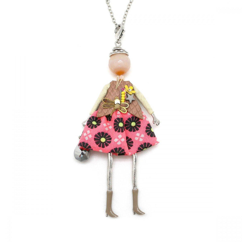 Moon C Doll Pendant on a Long Chain, Natural Stone, Fabric, Metal / Pink / 4 Inches / Gift Idea - JOYasForYou