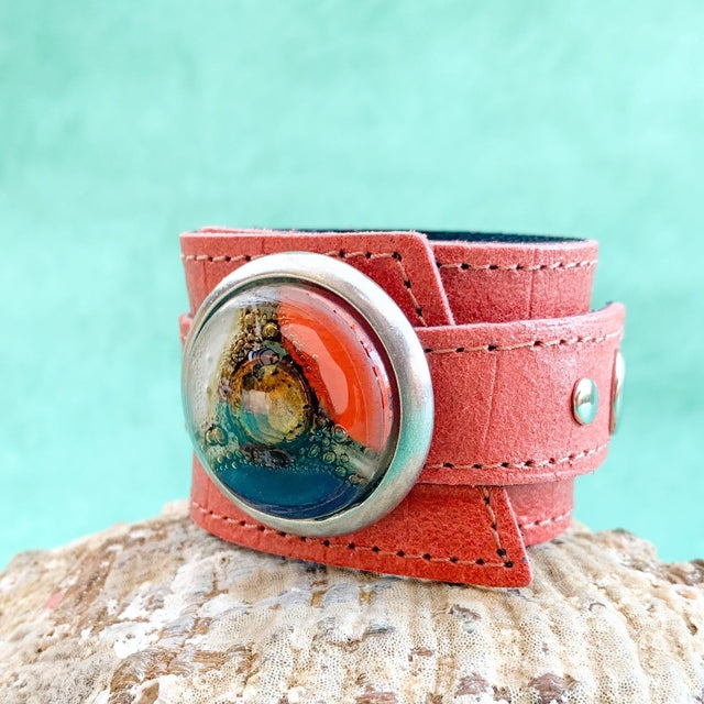 Cristalida Women`s Leather Wristband - Adjustable - Coral, Blue, White - Width 1.6 Inches - Jewelry - Bonaire