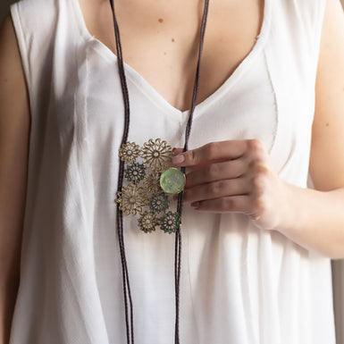 Kalliope Long Pendant Necklace / Brass, Cotton, Resin / Green, Brown / Extra Long Necklace
