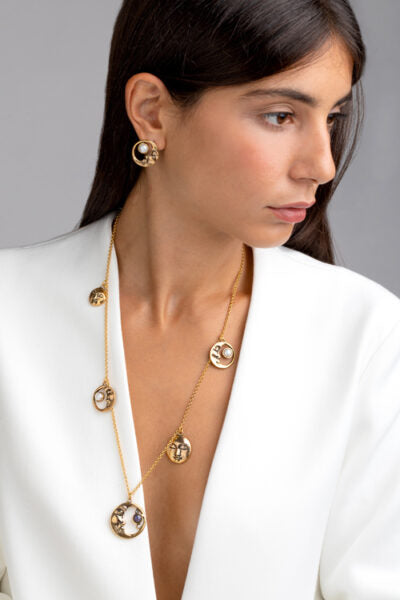Alcozer Half Moon Earrings / Golden Brass, Pearls / Luxury Costume Earrings