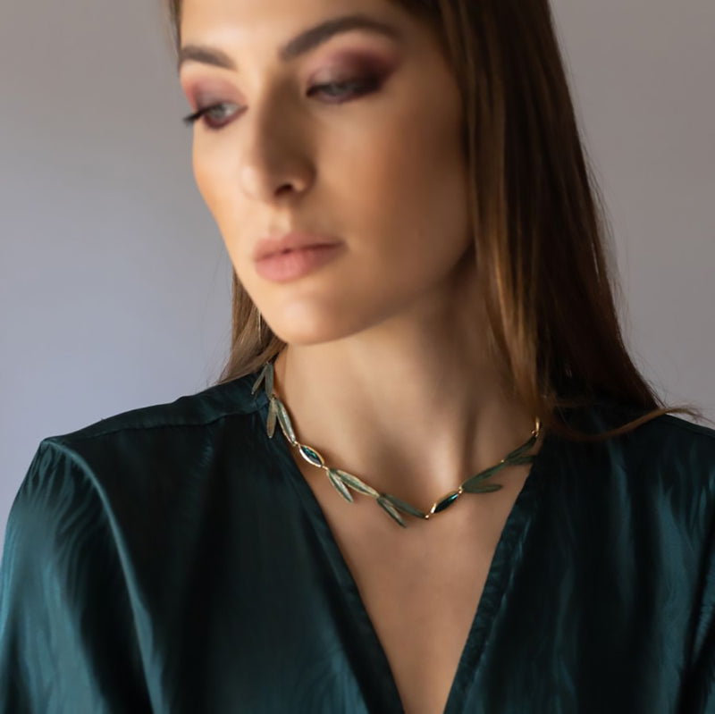 Kalliope Short Leaves Necklace / Brass, Swarovski Crystals/ Green, Emerald / Fashion Necklace