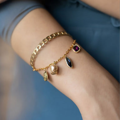 Kalliope Charm Cuff Bracelet For Women / Brass, Swarovski Crystals, Pearl / Blue, Purple / Framboise