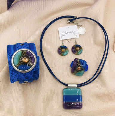 Cristalida Jewelry Set /Necklace, Ring, Earrings, Bracelet / Blue, Purple, Aqua / Fused Glass, Leather, Surgical Steel