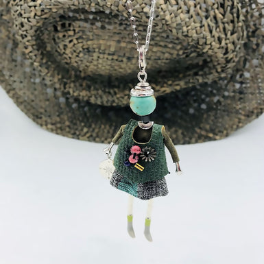 Moon C Small Doll Pendant on a Long Chain, Agate, Fabric, Metal / Green, Brown / 3 Inches