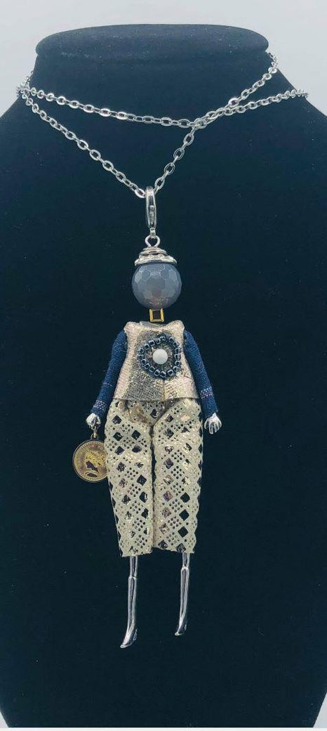 Moon C Doll Pendant on a Long Chain, Natural Stone, Fabric, Metal / Gold / 4 Inches / Gift Idea - JOYasForYou