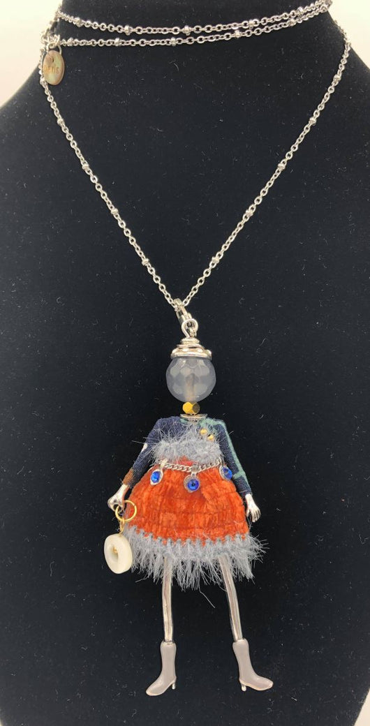 Moon C Small Doll Pendant on a Long Chain, Agate, Fabric, Metal / Grey, Orange/ 3 Inches / Gift Idea