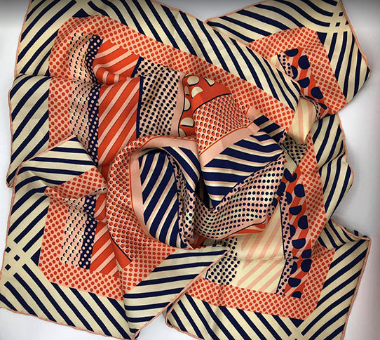 Fashion Stripes and Polka Dots Silk Scarf  For Women / Orange, Beige, Pink, Dark Blue / 26" x 26", 12 mm / 100% Silk Twill