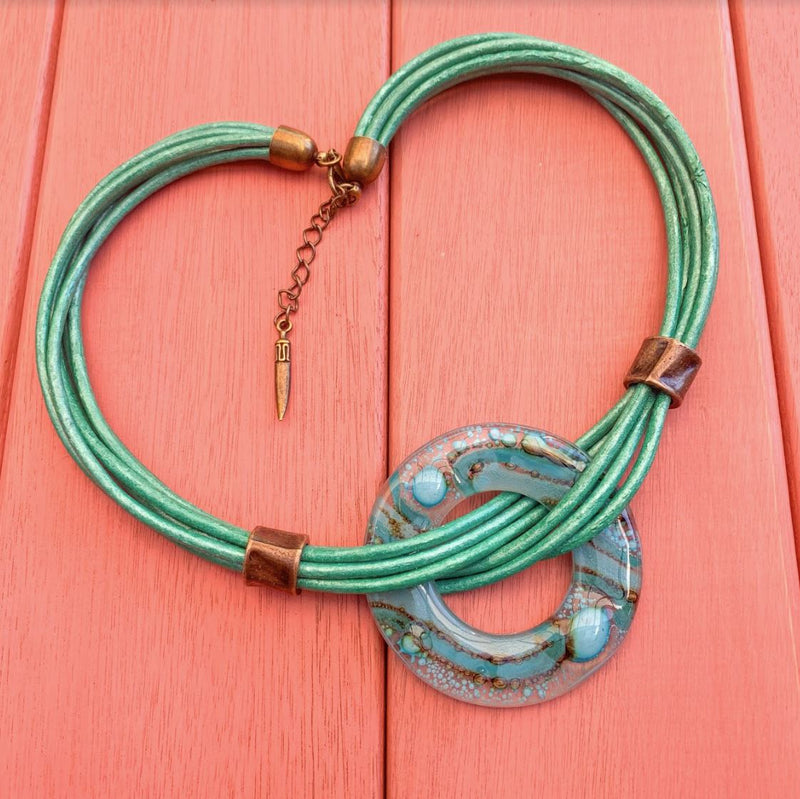 Cristalida Short Necklace / Fused Glass, Leather Cords / Emerald / 2.5 Inches Pendant / Arya Necklace