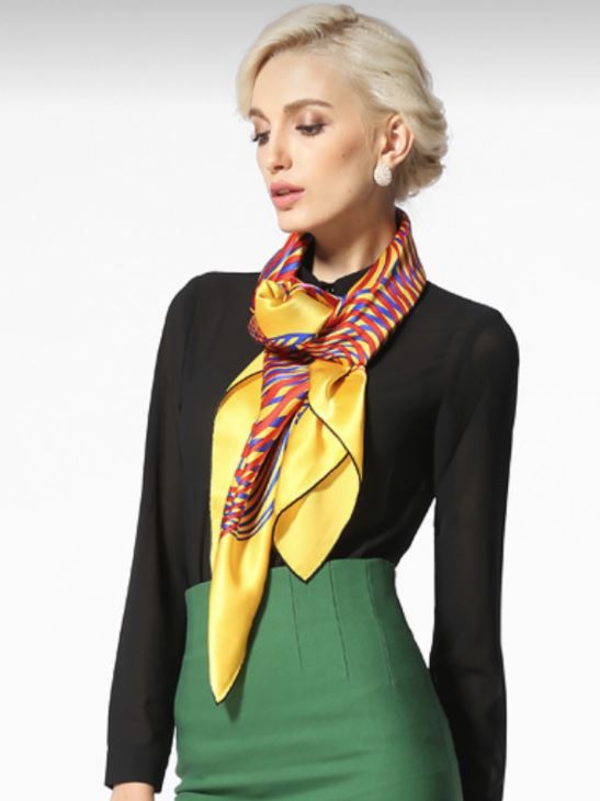 Large Fashion Silk Scarf  For Women / Yellow, Red, Blue/ 41.5" x 41.5", 16 mm / 100% Silk Satin / Gift Idea-3