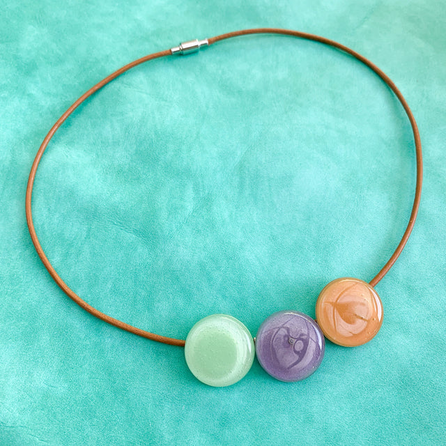 Cristalida Pastel Colors Short Necklace, Beige, Green, Purple / Leather Cord, Fused Glass / Pop