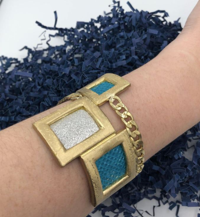 Kalliope Chain Cuff Bracelet For Women / Brass, Leather / Silver, Blue / Harlem-3