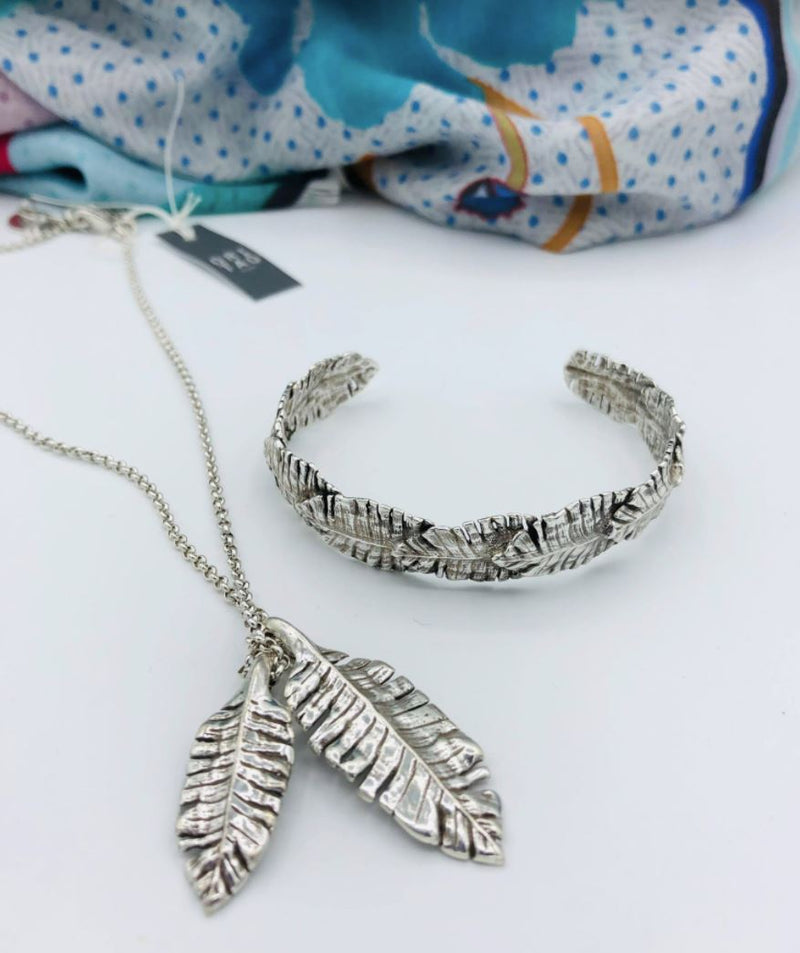Ori Tao Fashion Jewelry Set Fern Leaf / Necklace, Bracelet / Brass, Silver Patina / Gift Idea