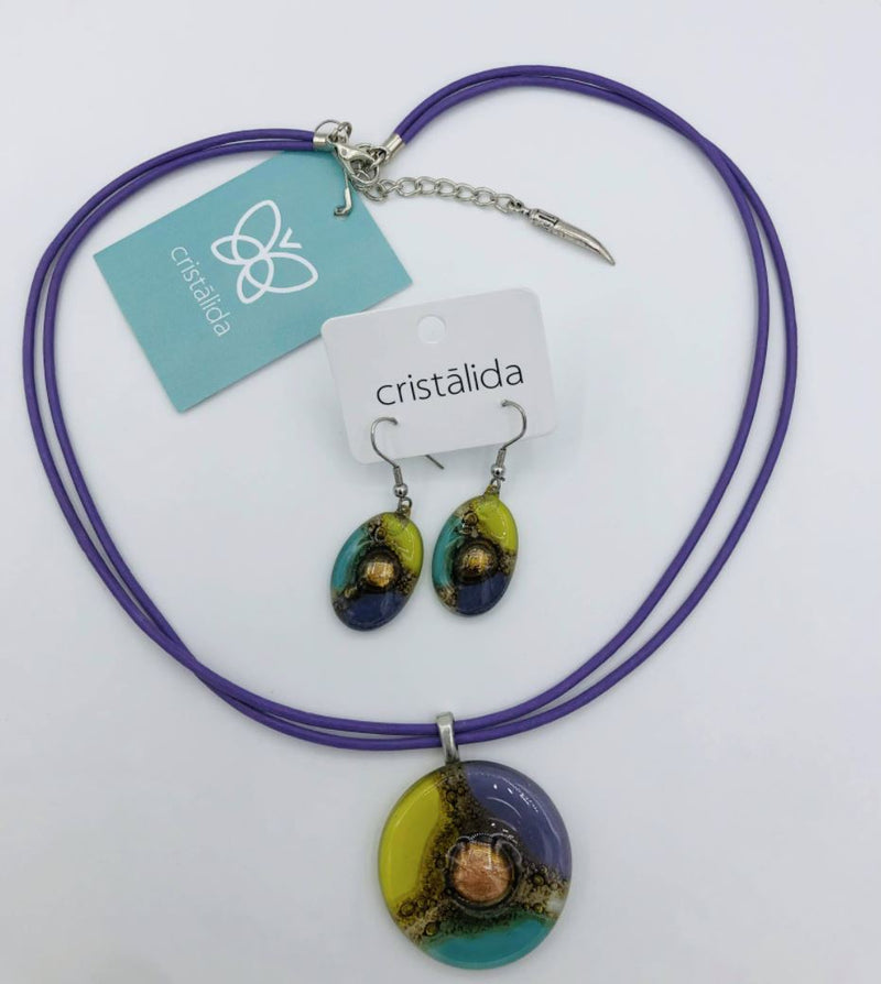 Cristalida Jewelry Set / Short Necklace, Oval Earrings / Purple, Yellow, Blue / Fused Glass, Leather Cords, Surgical Steel / Gift Idea