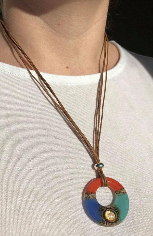 Cristalida Long Necklace With Small Fused Glass Pendant / Cotton Cord / Blue, Aqua, Orange / Baru - JOYasForYou