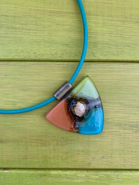Cristalida Fashion Necklace For Her / Fused Glass, Leather Cord / Aqua Green, Orange, Yellow / Mykonos / Casual Style