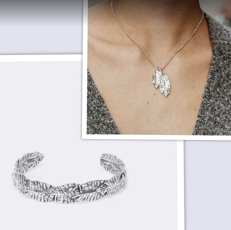 Ori Tao Fashion Jewelry Set Fern Leaf / Necklace, Bracelet / Brass, Silver Patina / Gift Idea