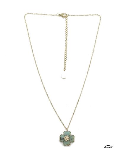 Habana Paris Flower Pendant On Short Thin Chain / Stainless Steel,  African Turquoise / Green /