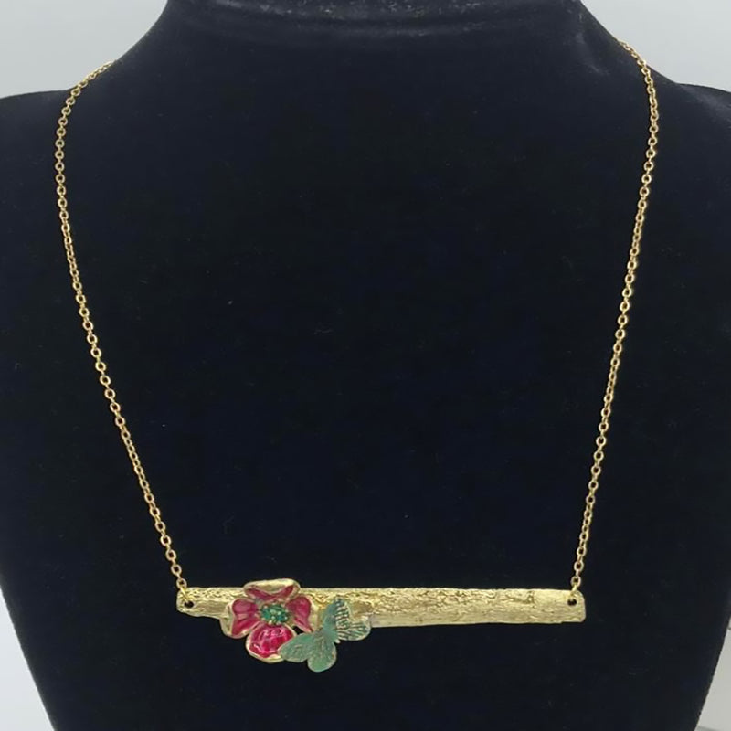 Kalliope  Short Chain Necklace / Brass, Enamel / Red, Green / Butterfly And Flower Necklace