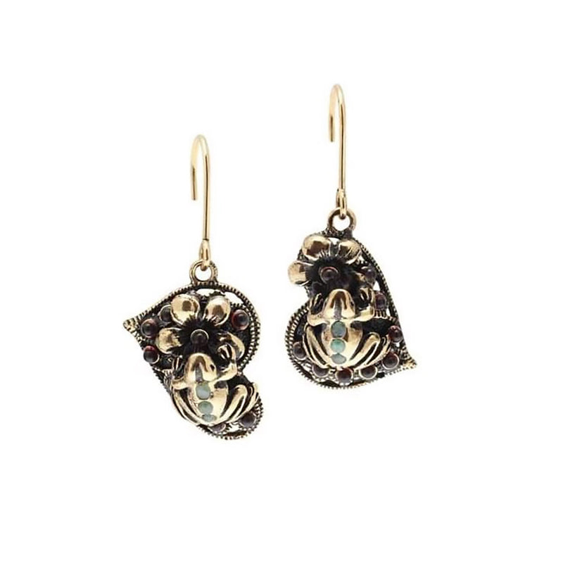 Alcozer Frog Heart Earrings / Golden Brass, Emeralds, Garnets / 1.8 Inches / Statement Earrings