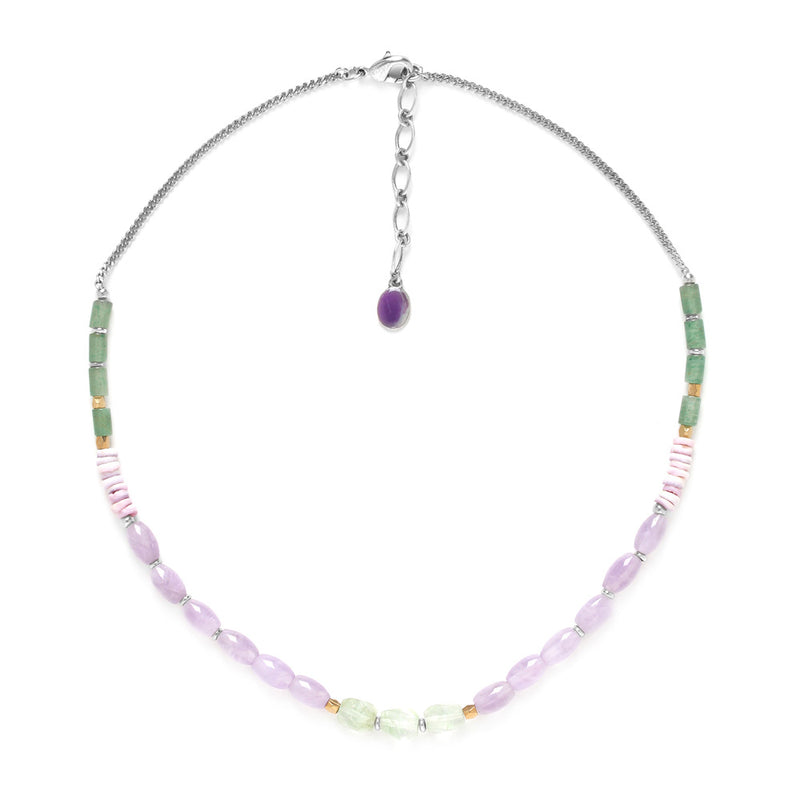 Nature Bijoux Short Necklace / Amethyst, Aventurine, Quartz / Light Purple, Green / Fashion Jewelry / Water Lily