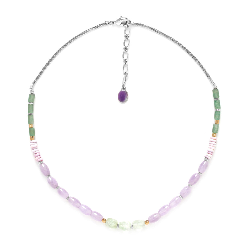 Cristalida, Nature Bijoux Jewelry Set / Purple, Green / Bracelet, Necklace / Amethyst, Aventurine, Green Quartz, Leather, Fused Glass