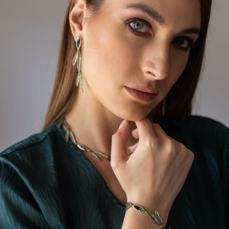 Kalliope Thin Leaves Bracelet For Women / Brass, Swarovski Crystals / Green, Emerald / Greek Jewelry - 0