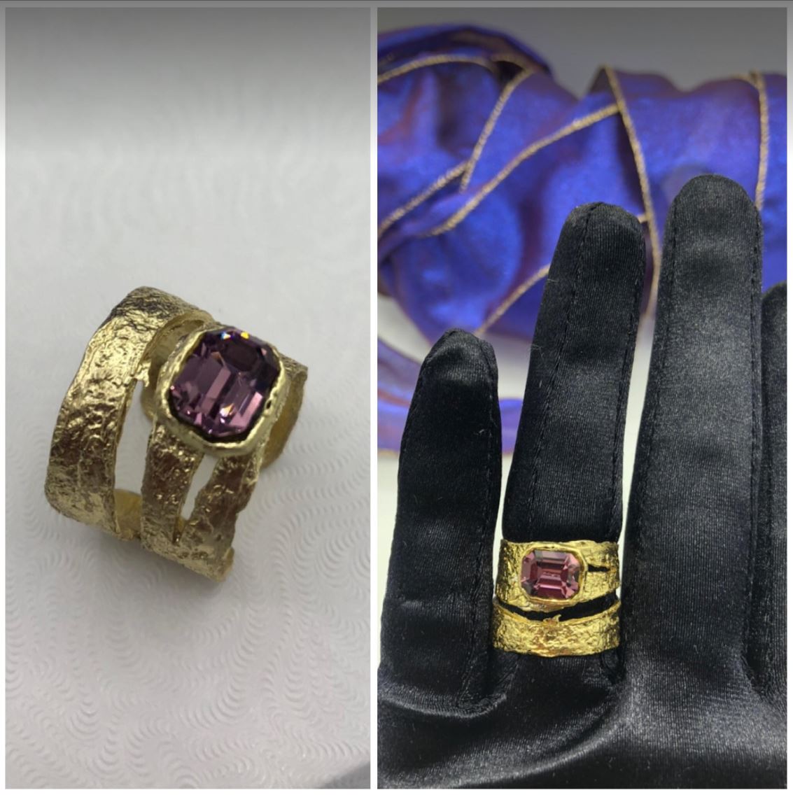 Kalliope Square Crystal Ring For Women / Brass, Swarovski Crystal / Purple Pink / Adjustable Ring