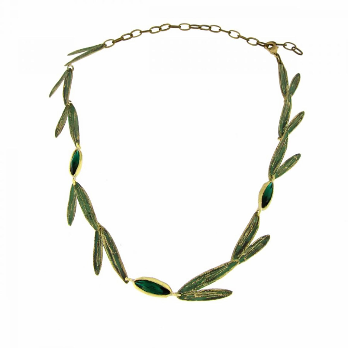 Kalliope Short Leaves Necklace / Brass, Swarovski Crystals/ Green, Emerald / Fashion Necklace-1
