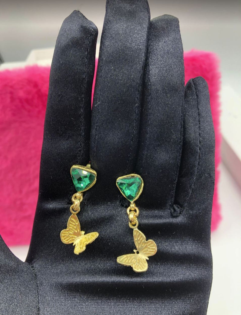 Kalliope Small Butterfly Earrings / Brass, Swarovski Crystal / Green Emerald / Fashion Earrings