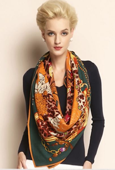 thin wool winter shawl in orange and green colors