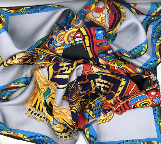 fashion silk scarf 110*110 cm in grey, red and yellow colors with Maya statues print