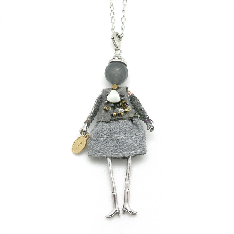 Moon C Small Doll Pendant on a Long Chain, Agate, Fabric, Metal / Grey / 3 Inches / Gift Idea